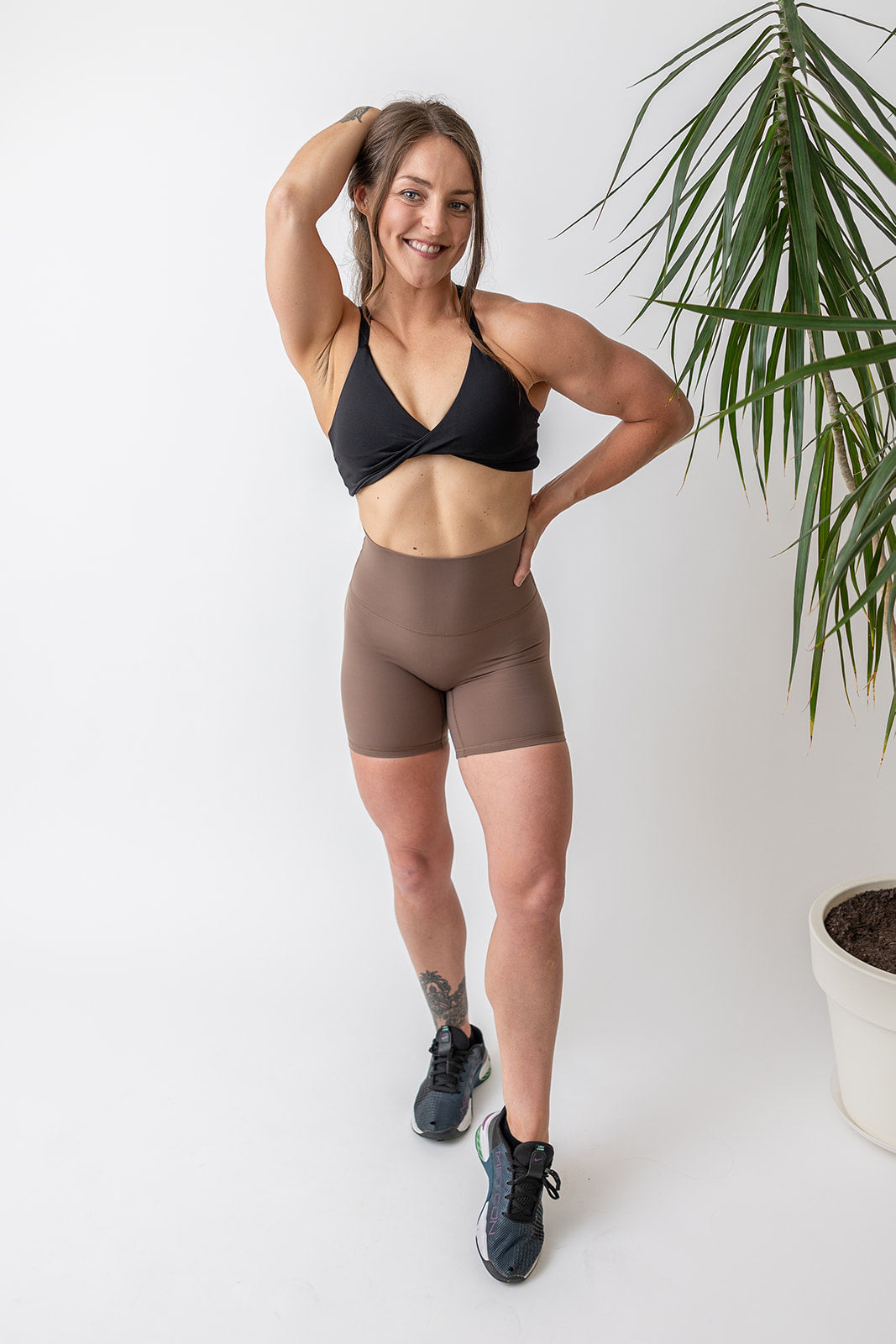 buttery soft lightweight short shorts with high extra waistband in chocolate brown