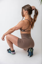 Load image into Gallery viewer, buttery soft lightweight short shorts with high extra waistband in chocolate brown
