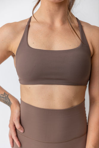 Square neck sports bra in coffee brown with open crossover back straps