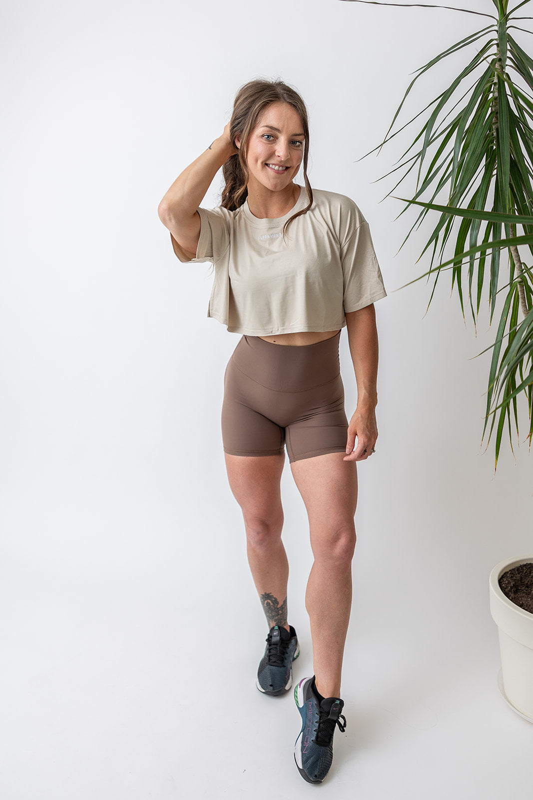 buttery soft lightweight short shorts with high extra waistband in chocolate brown