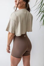 Load image into Gallery viewer, buttery soft lightweight short shorts with high extra waistband in chocolate brown
