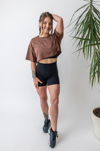 oversize crop t with embroidery logo in chocolate brown