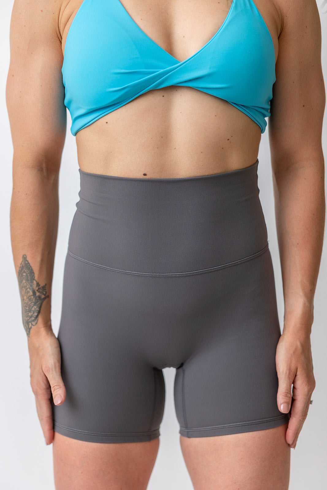buttery soft lightweight short shorts with high extra waistband in graphite grey
