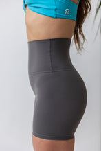 Load image into Gallery viewer, buttery soft lightweight short shorts with high extra waistband in graphite grey
