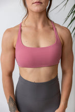 Load image into Gallery viewer, Square neck sports bra in rose pink with open crossover back straps
