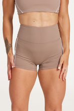 Load image into Gallery viewer, womens high waisted shorts with white trim details, no front rise seam in a buttery soft, hazelnut fabric
