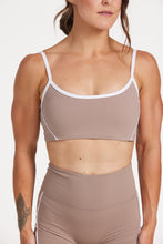 Load image into Gallery viewer, Womens scoops neck sports bra complete with white trim, elasticated hem, and supportive thick backstraps in hazelnut
