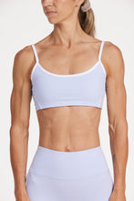 Load image into Gallery viewer, Womens scoops neck sports bra complete with white trim, elasticated hem, and supportive thick backstraps in periwinkle blue
