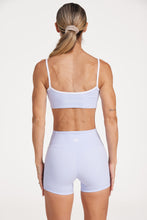 Load image into Gallery viewer, Womens scoops neck sports bra complete with white trim, elasticated hem, and supportive thick backstraps in periwinkle blue
