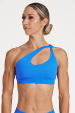 Load image into Gallery viewer, Cross over strap activewear bra in seamless fabric with adjustable back straps, and ribbed supportive underbust band in royal blue
