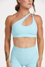 Load image into Gallery viewer, Seamless cross over strap bra with adjustable backstrap made with firm supportive fabric in ice blue
