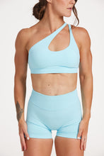 Load image into Gallery viewer, Seamless cross over strap bra with adjustable backstrap made with firm supportive fabric in ice blue
