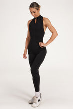 Load image into Gallery viewer, full leg length bodysuit in buttery soft fabric with half zipper, high neck design, scrunch butt, and open back detail.
