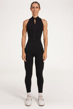 Load image into Gallery viewer, full leg length bodysuit in buttery soft fabric with half zipper, high neck design, scrunch butt, and open back detail.
