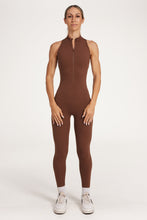 Load image into Gallery viewer, full leg length bodysuit in buttery soft fabric with half zipper, high neck design, scrunch butt, and open back detail.
