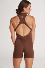 Load image into Gallery viewer, High neck bodysuit with half zipper, scrunch bum detailing, in short length made from a buttery soft flexible fabric in chocolate plum
