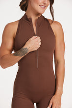 Load image into Gallery viewer, High neck bodysuit with half zipper, scrunch bum detailing, in short length made from a buttery soft flexible fabric in chocolate plum
