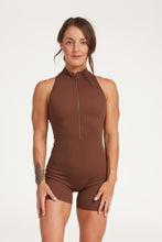 Load image into Gallery viewer, High neck bodysuit with half zipper, scrunch bum detailing, in short length made from a buttery soft flexible fabric in chocolate plum
