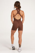 Load image into Gallery viewer, High neck bodysuit with half zipper, scrunch bum detailing, in short length made from a buttery soft flexible fabric in chocolate plum
