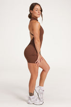 Load image into Gallery viewer, High neck bodysuit with half zipper, scrunch bum detailing, in short length made from a buttery soft flexible fabric in chocolate plum
