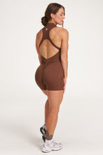 Load image into Gallery viewer, High neck bodysuit with half zipper, scrunch bum detailing, in short length made from a buttery soft flexible fabric in chocolate plum
