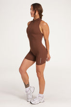 Load image into Gallery viewer, High neck bodysuit with half zipper, scrunch bum detailing, in short length made from a buttery soft flexible fabric in chocolate plum
