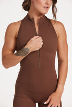 Load image into Gallery viewer, High neck bodysuit with half zipper, scrunch bum detailing, in short length made from a buttery soft flexible fabric in chocolate plum
