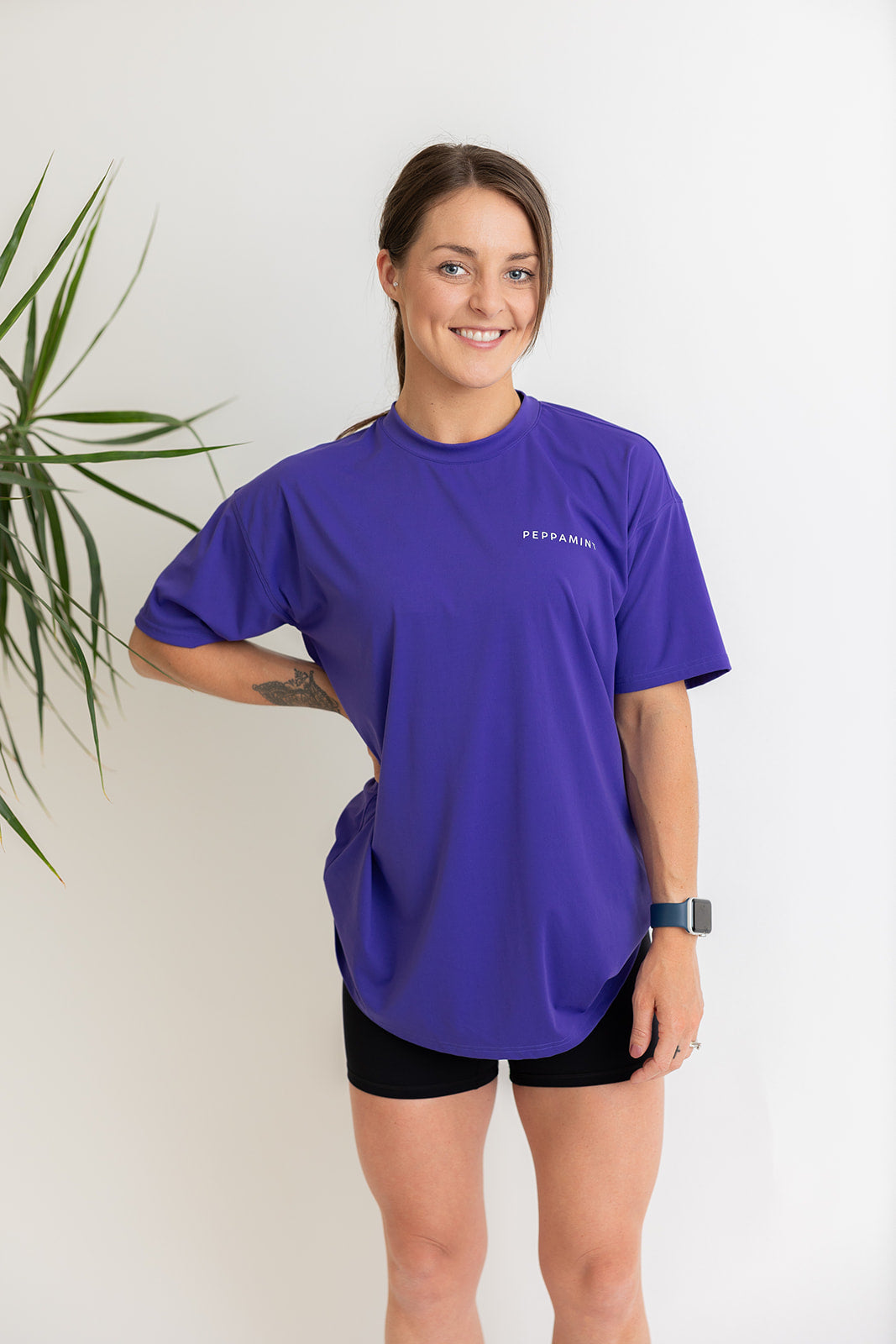 buttery soft oversize t shirt in purple blue colour with white left chest peppamint logo
