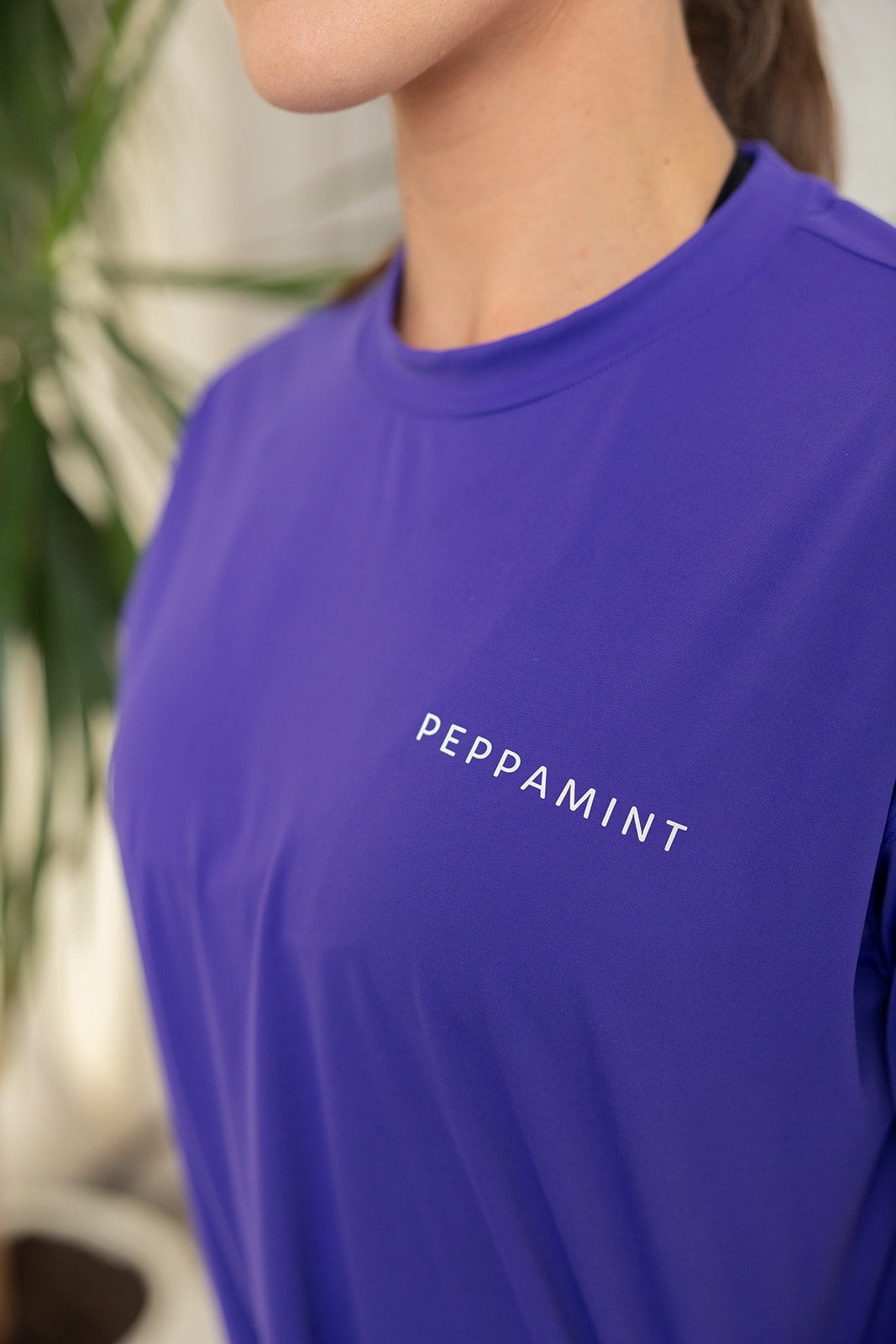 buttery soft oversize t shirt in purple blue colour with white left chest peppamint logo