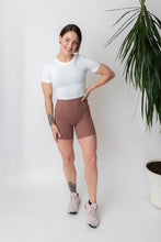 Load image into Gallery viewer, soft brushed mid length bike shorts with extra high waistband and side pockets
