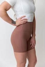 Load image into Gallery viewer, soft brushed mid length bike shorts with extra high waistband and side pockets
