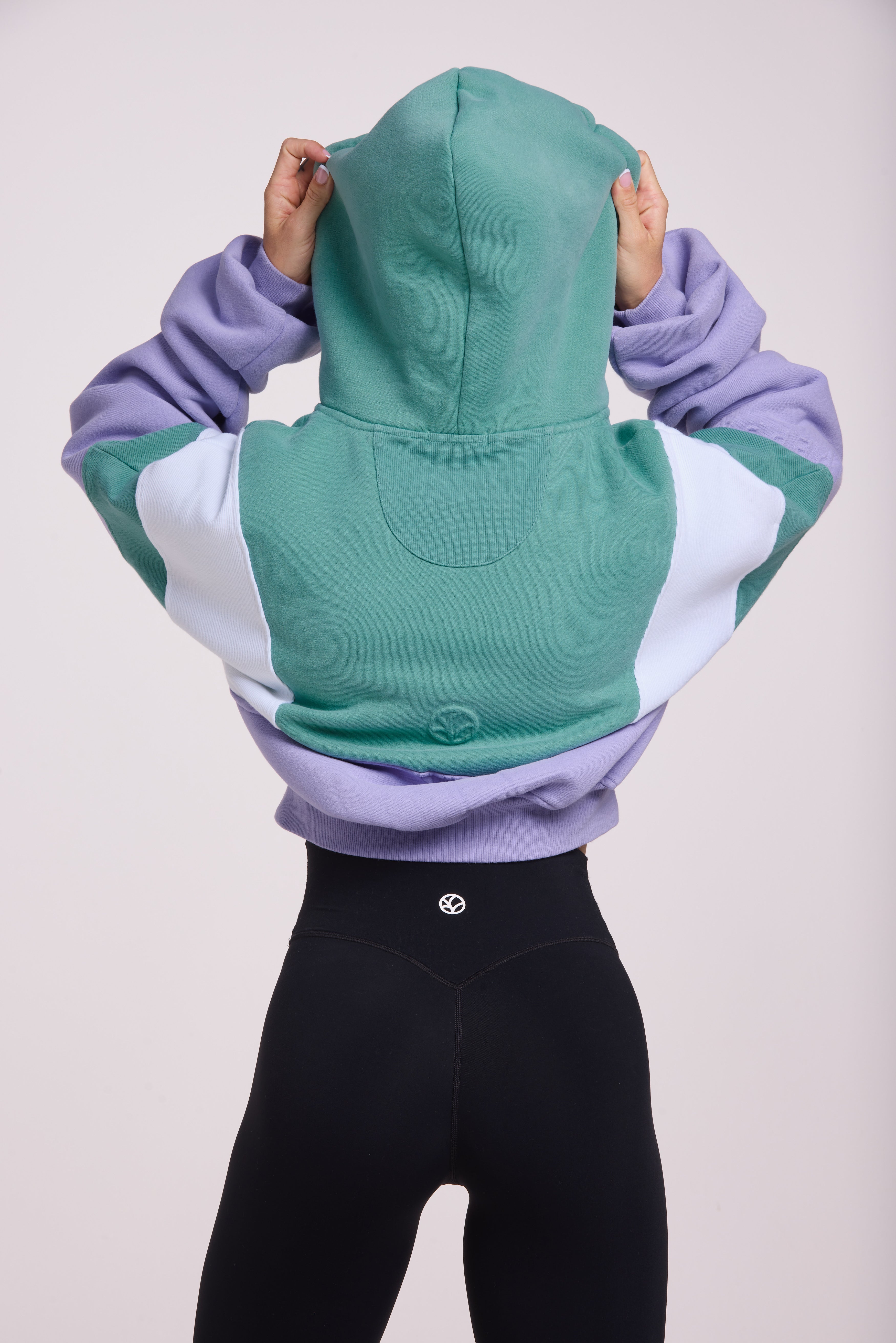 Hip length, full zip hoodie, with ribbed panels, embossed sleeve logo, in a slouchy oversize fit, in green, lavender and white.