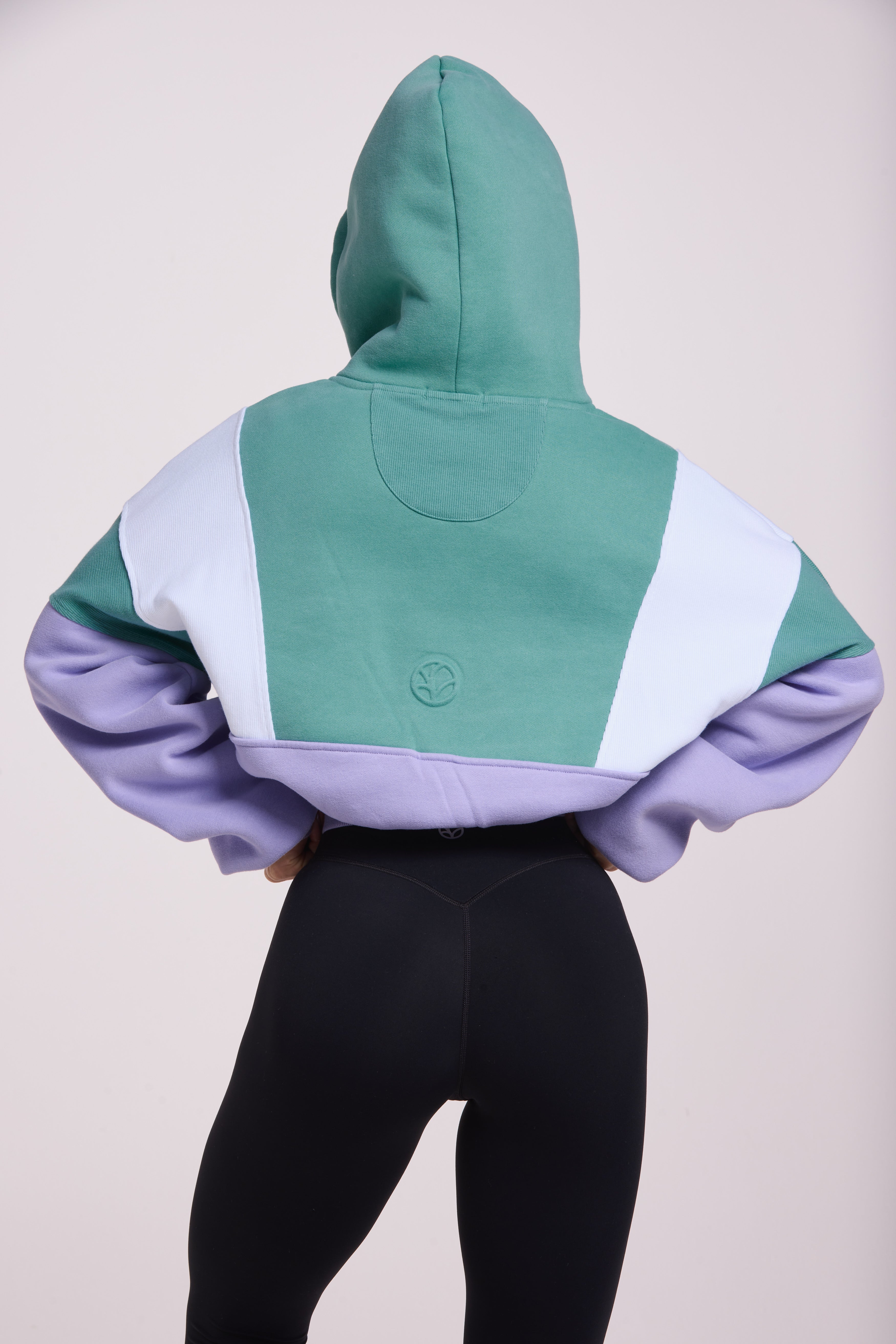 Hip length, full zip hoodie, with ribbed panels, embossed sleeve logo, in a slouchy oversize fit, in green, lavender and white.