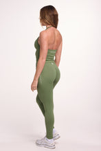 Load image into Gallery viewer, Halter neck tank top with breast contouring panels and a ruched front seam, a built in bra, and an open upper back design and seamless gym tights with booty contouring panels, invisible scrunch technology, sweetheart shaped back seams and thick supportive fabrics in mermaid green colour
